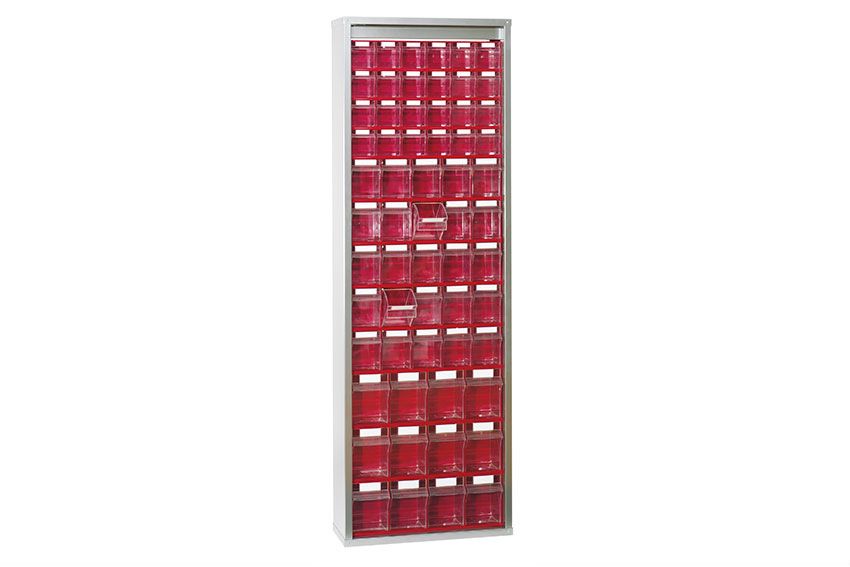 Mobil Plastic wandkast met 61 kantelbakjes - 665x250x2000mm - Rood